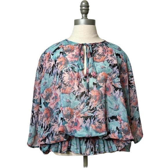 Allen B Floral Sheer Flutter Short Sleeve Elastic Smocked Blouse Size Large - Picture 2 of 16